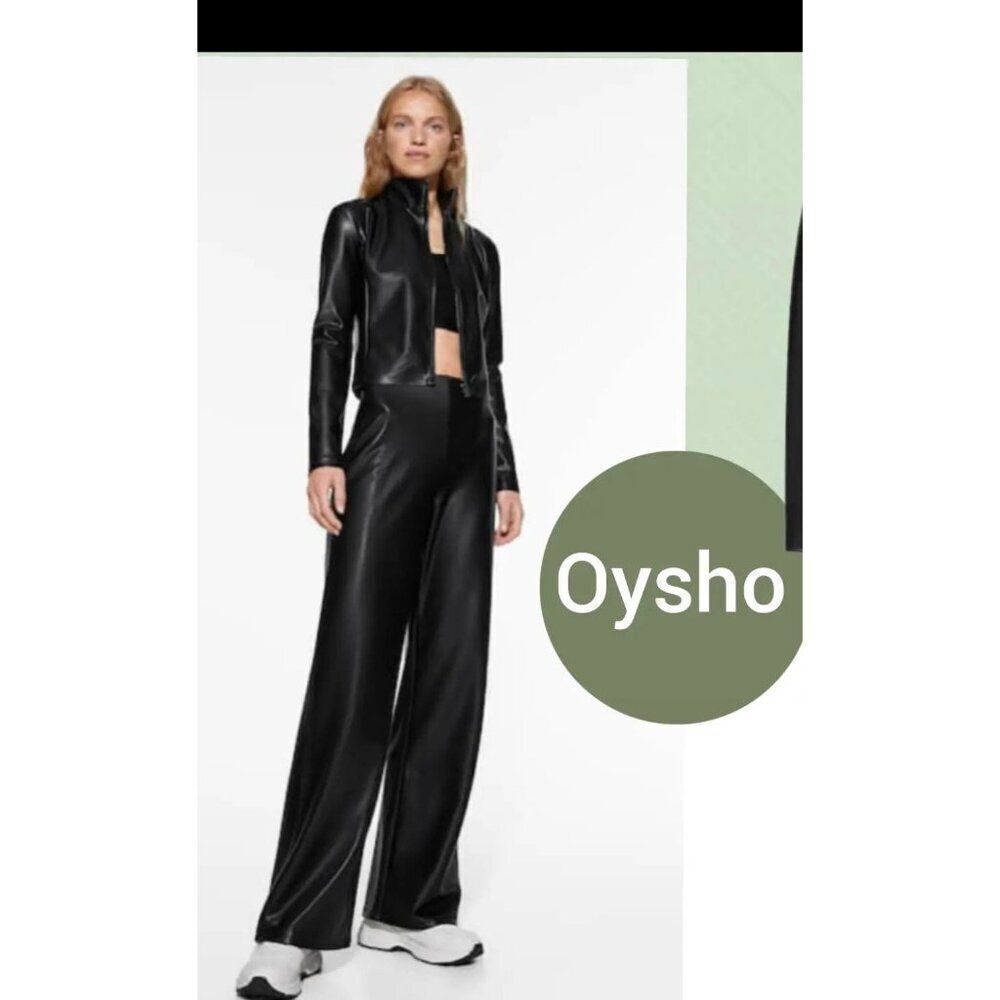 Oysho Womans Pants Sz XS Black Faux Leather Wide Leg NWT High Rise 1135/821NWT
